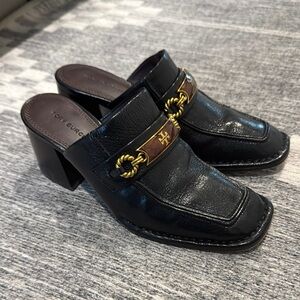 Tory Burch Black Mules with Gold Chain Detail